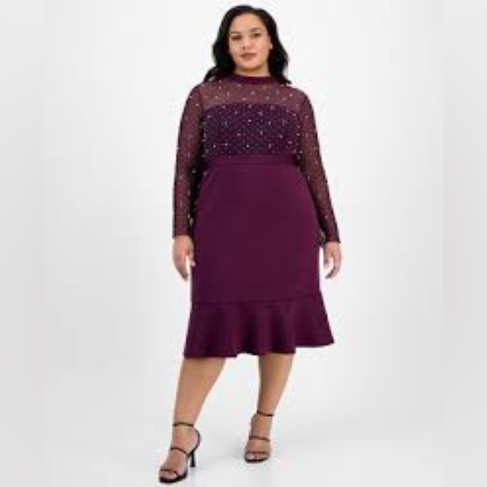 NWT $109 LONDON TIMES Plus Size 22W Faux-pearl Ruffled-hem Dress In Purple